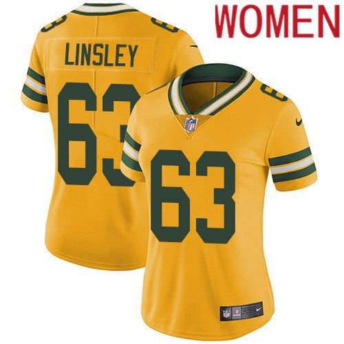 Women Green Bay Packers 63 Corey Linsley Yellow Nike Vapor Limited NFL Jersey